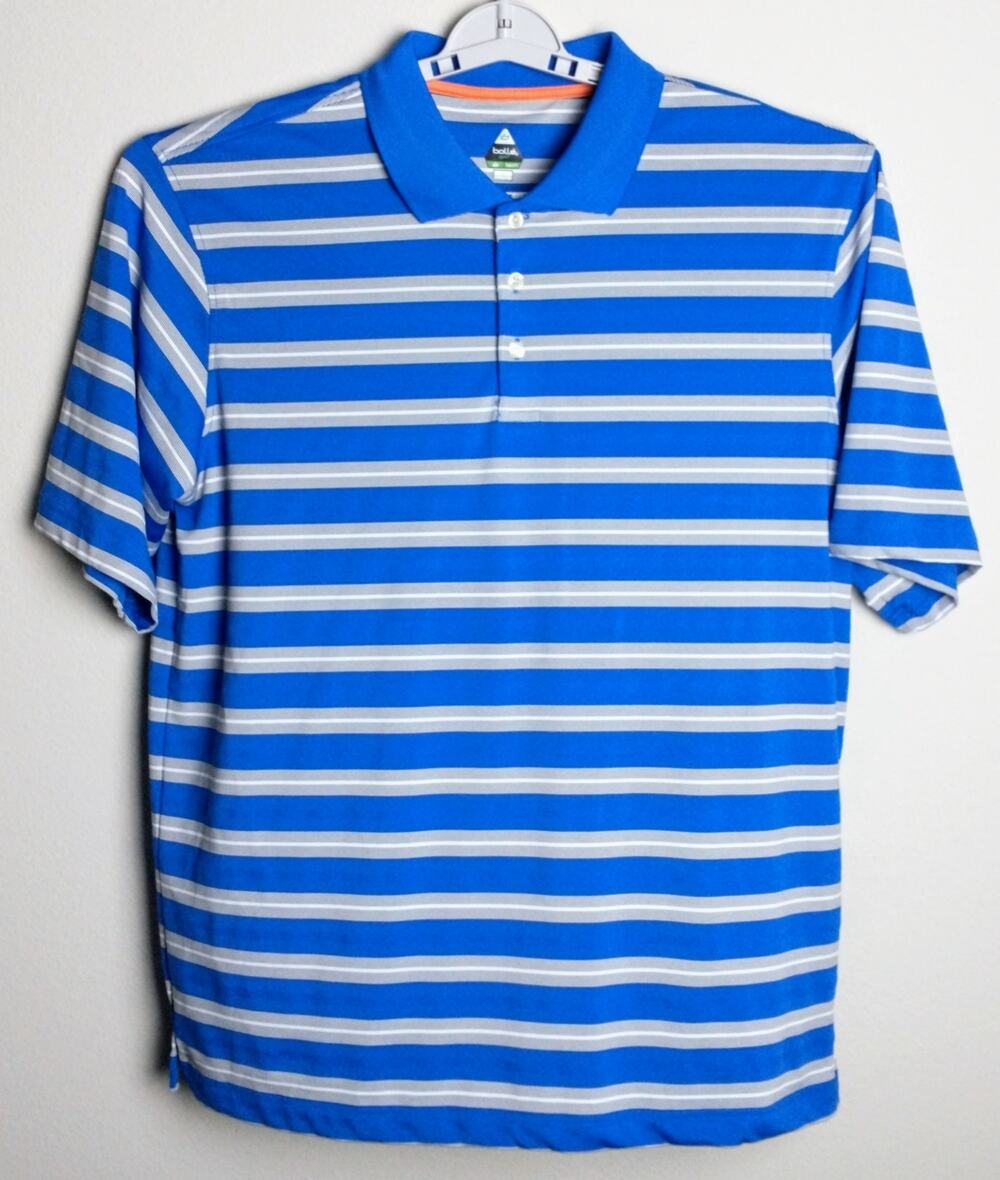 Bolle Men Golf Polo Shirt Large L Blue Gray Striped Performance Tech Activewear